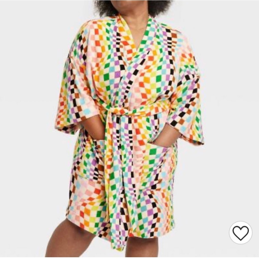 Rainbow checkered terry cloth robe cover up new